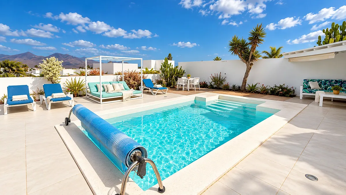 Piscina privada y terraza de la villa a plena luz del día, con tumbonas y montañas al fondo