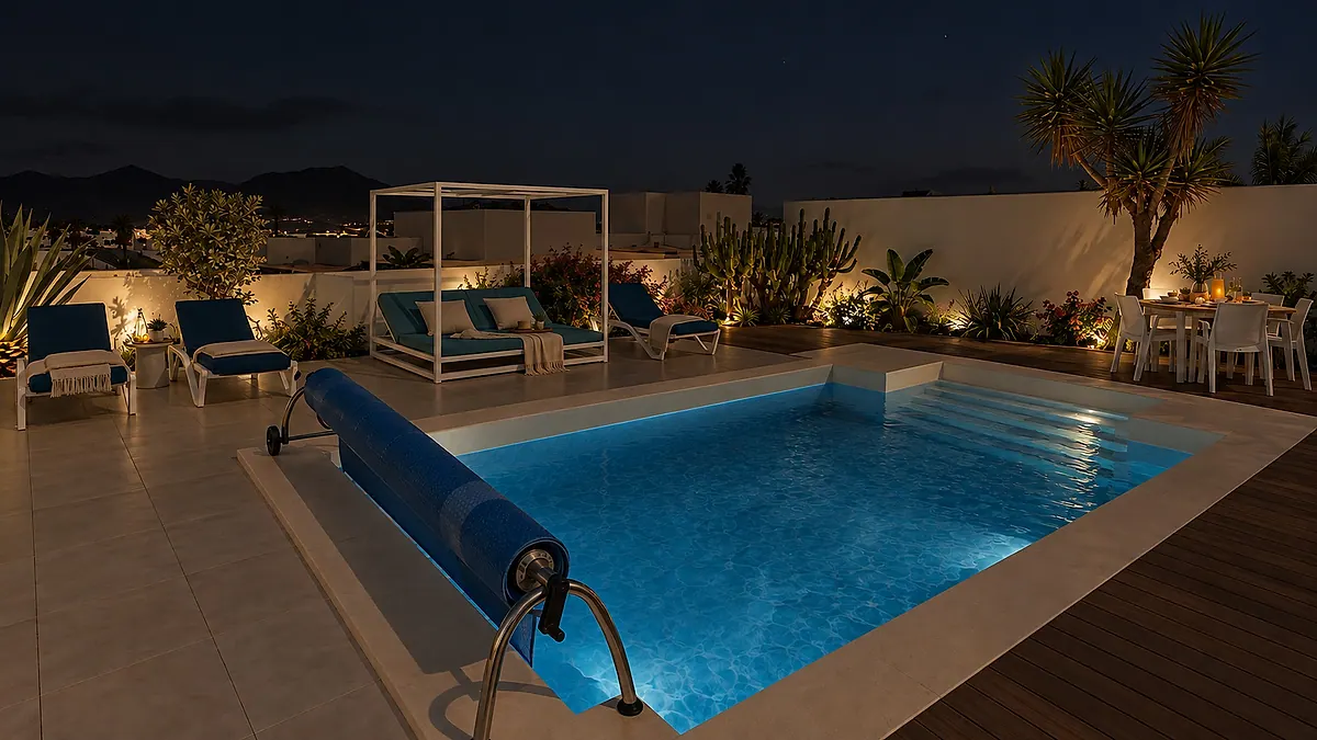 La piscina y la terraza al anochecer, con luz cálida entre las plantas