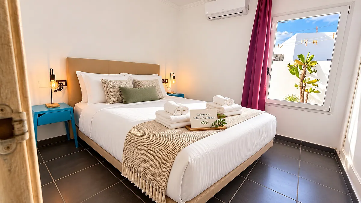 Dormitorio en tonos arena con cama doble y mesitas azules