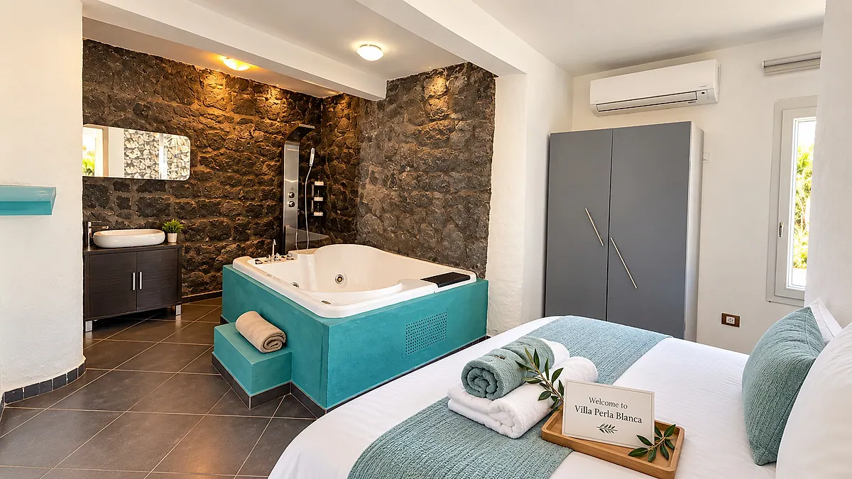 Dormitorio de piedra volcánica con bañera de hidromasaje, cama doble y armario gris
